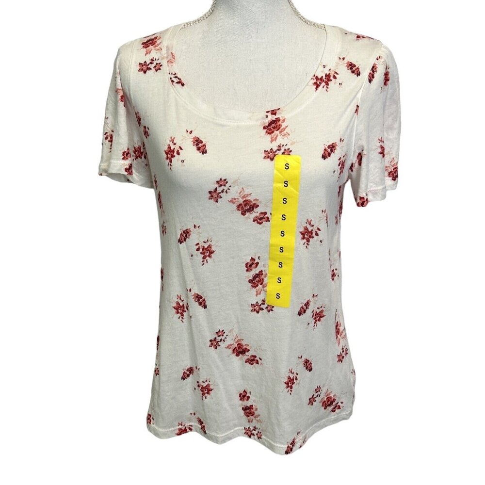 Lucky Brand Floral Tee Small Pink White Cottagecore Scoop Neck Top